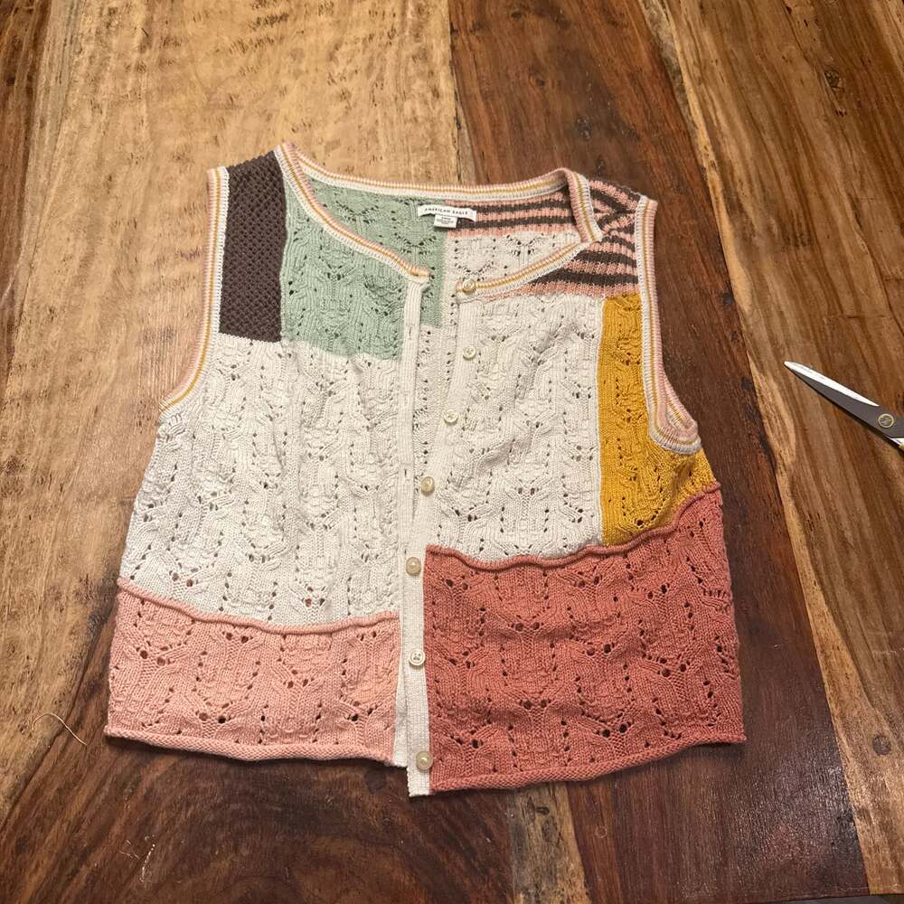 American Eagle Patchwork Button-Up Crochet Knit S… - image 1